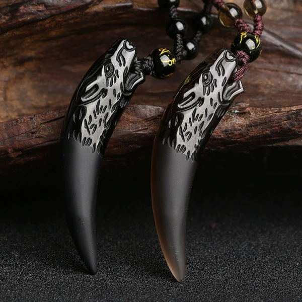 Buddha Stones Natural Ice Obsidian Wolf Tooth Pattern Courage Necklace Pendant