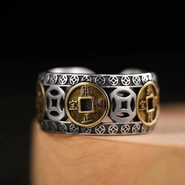 Five-Emperor Coins Feng Shui Ring – Adjustable Protection & Wealth Talisman