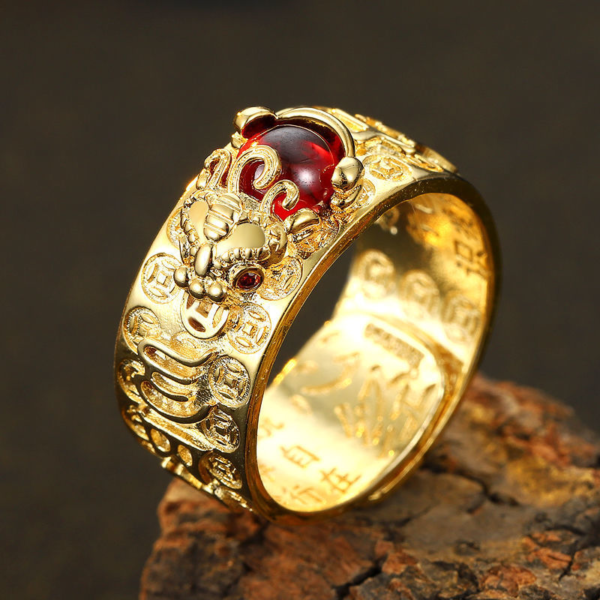 PiXiu Wealth Feng Shui Red Garnet Ring – Heart Sutra Protection & Prosperity