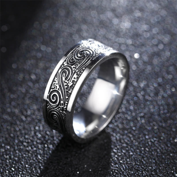 Buddha Stones Titanium Steel Wave & Auspicious Clouds Balance Ring – Strength, Clarity & Luck