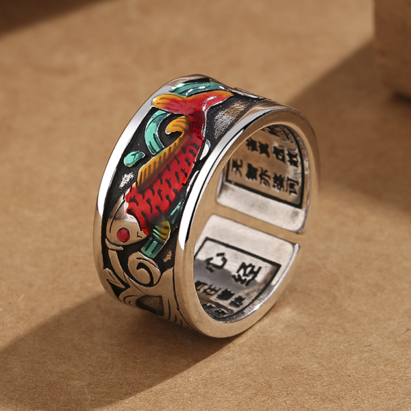 Buddha Stones Blue Enamel Koi Fish Heart Sutra Success Ring – Wealth, Resilience & Luck