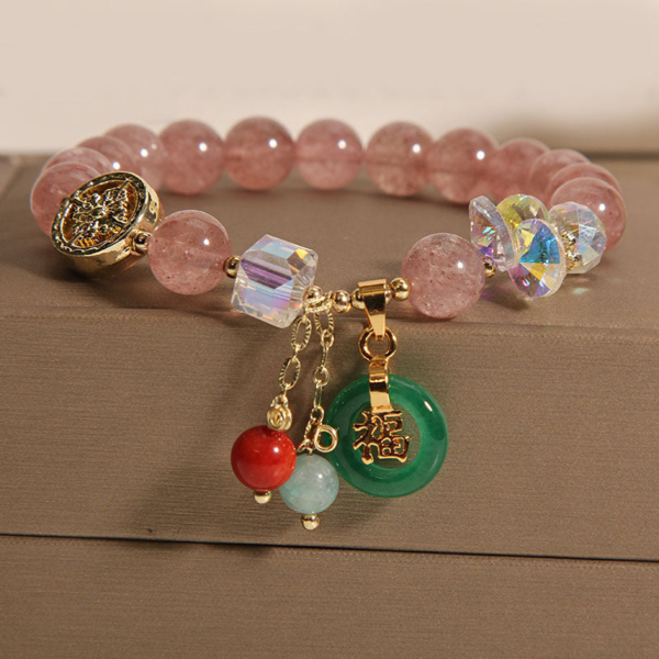 Buddha Stones Strawberry Quartz Jade Fu Character Charm Healing Bracelet – Love, Protection & Prosperity
